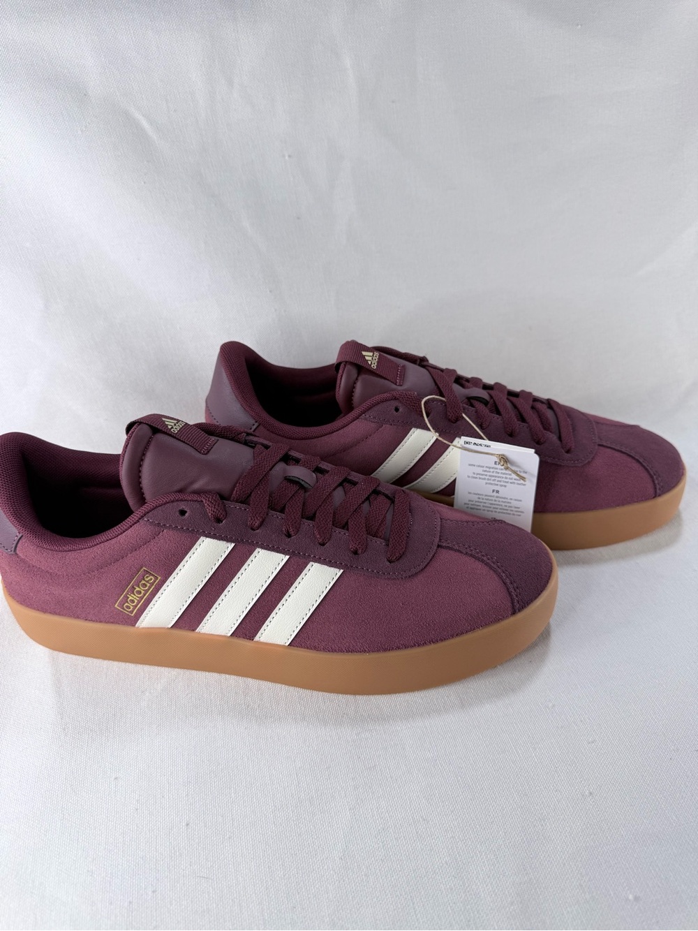 adidas VL Court 3.0 Women’s Maroon Suede Sneakers with White Stripes & Gum Sole